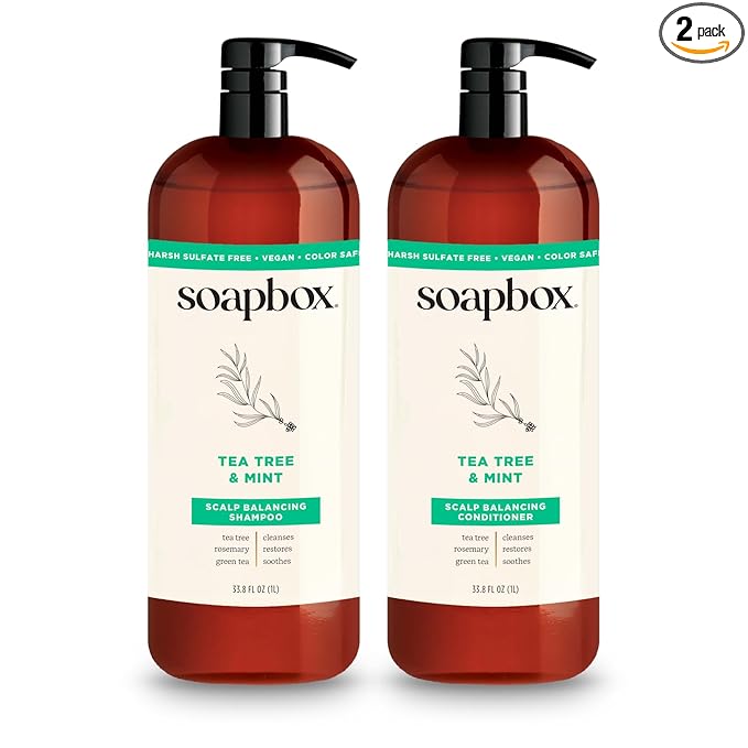 Soapbox Tea Tree Oil & Mint Shampoo & Conditioner Set, Leaves Hair & Scalp Balanced & Soothed - Clean Ingredients Free of Harsh Chemicals, Sulfates, Parabens & Silicones - 1 Liter Each