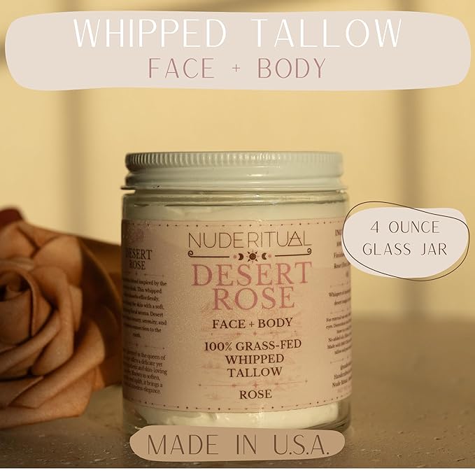 100% Grass-Fed Beef Tallow – Whipped Body Butter Moisturizer for Face & Body – USA Made Natural Lotion Alternative for Dry, Sensitive Skin – 4 oz (Desert Rose – Rose)