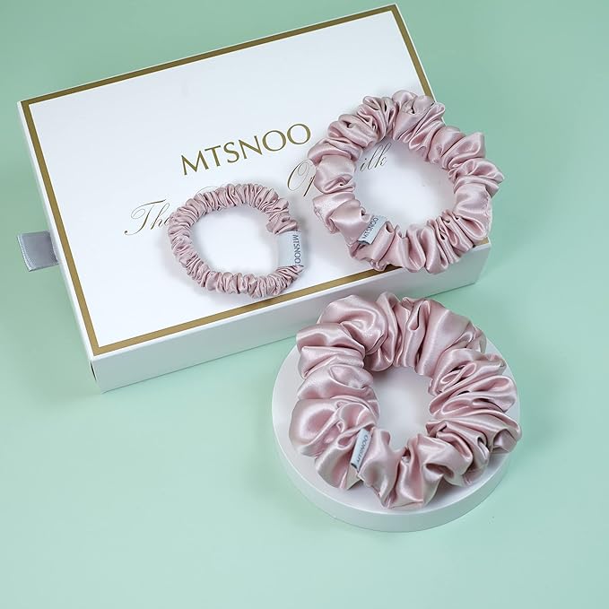 MTSNOO Mulberry Silk Scrunchies for Curly Hair - 100% Pure 22 Momme Silk, Elastic Band, 3 Pack Hair Ties Ropes for Women and Girls