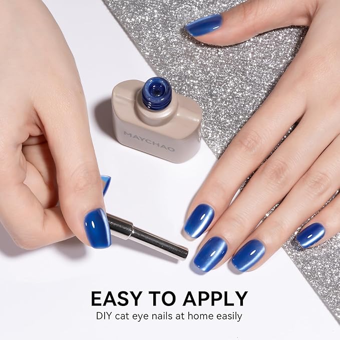 MAYCHAO 15ML Cat Eye Gel Nail Polish 1Pc Blue Glitter Gel Polish with Magnet Soak off Holographic Magnetic Nail Polish for Nail Art Manicure Salon DIY at Home, 0.5 OZ