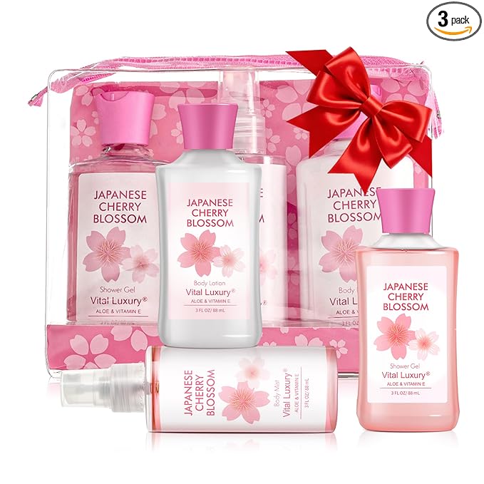Bath and Body Gift Set, Japanese Cherry Blossom, 3-Piece Travel Size Collection, Shower Gel, Body Lotion, Body Mist, 3 Fl Oz Each, Natural Extracts, Ideal for Birthday, Mother's Day & Christmas Gifts