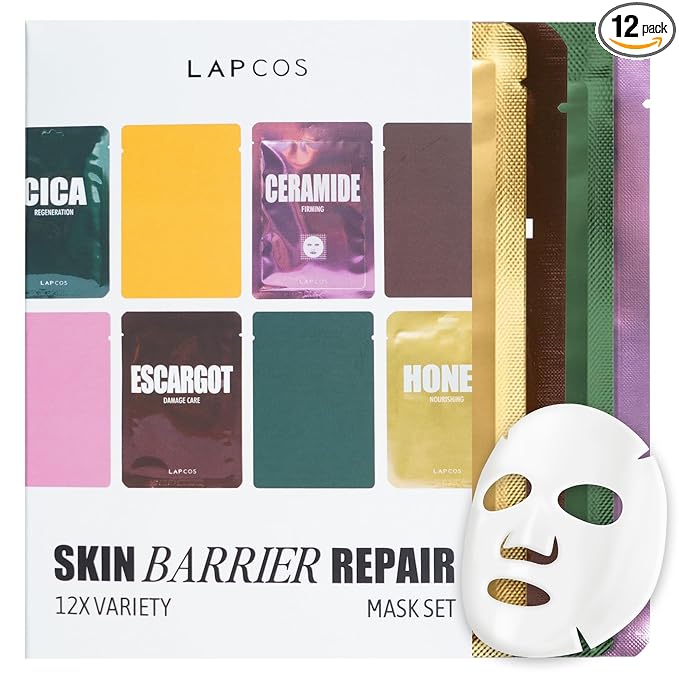 LAPCOS Skin Barrier Repair Sheet Mask Variety Pack - Escargot, Cica, Ceramide, Honey - 4 Types of K Beauty Face Mask Set to Hydrate & Soothe - Highly Breathable Sheet - Korean Skin Care (Pack of 12)