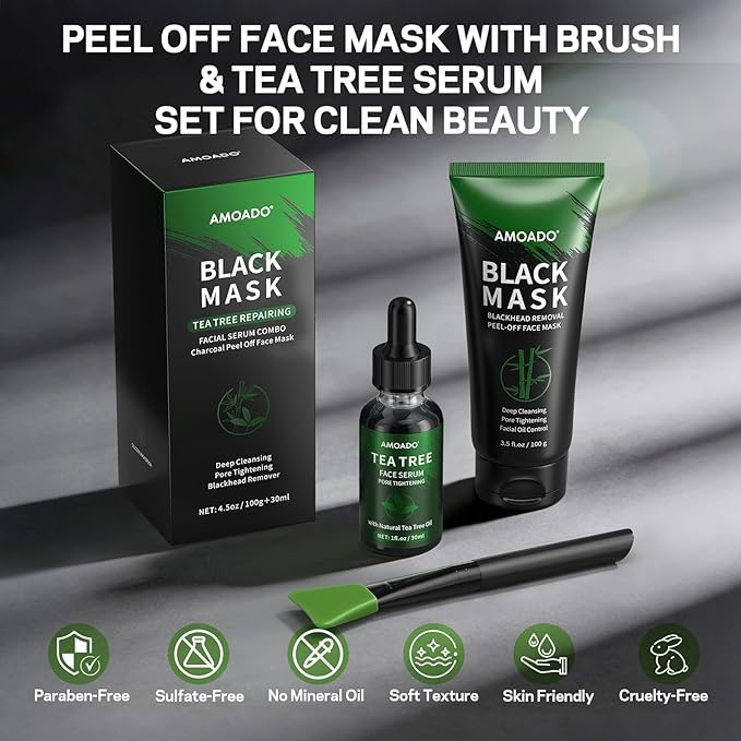 AMOADO Blackhead Remover Peel Off Face Mask, Black Mask & Tea Tree Oil Serum Duo Set, 2-in-1 Deep Cleansing and Pore Tightening, Charcoal Face Mask Peel Off Blackheads Removal