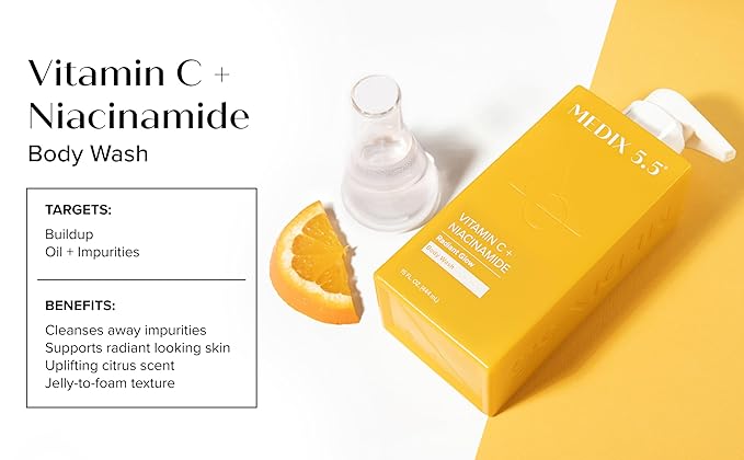 Medix 5.5 Radiant Glow Vitamin C Body Wash W/ Niacinamide | Citrus Scented Gentle Body & Face Cleanser For Women, Men, Dry Skin, & Smoother-Looking Skin | Removes Dirt, Oil, & Impurities, 2-Pack