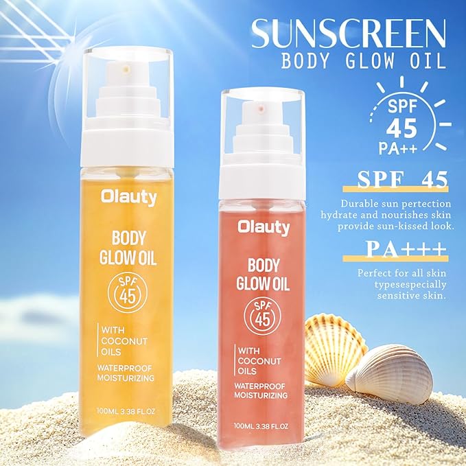 Sunscreen Body Oil SPF45 Body Glow Oil Moisturizer Serum with Coconut Oil for Dry Skin Nourishing Glowing Skin Care Body Shimmer Oils for Face & Boay,Lightweight, Non-Greasy