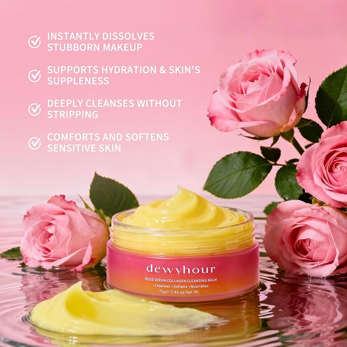dewyhour Rose Makeup Remover Cleansing Balm – Melting Stubborn Waterproof Makeup, Hydrating One-Step Collagen Cleansing Oil & Facial Cleanser for All Skin Types | Vegan Korean Skincare 2.46 oz.