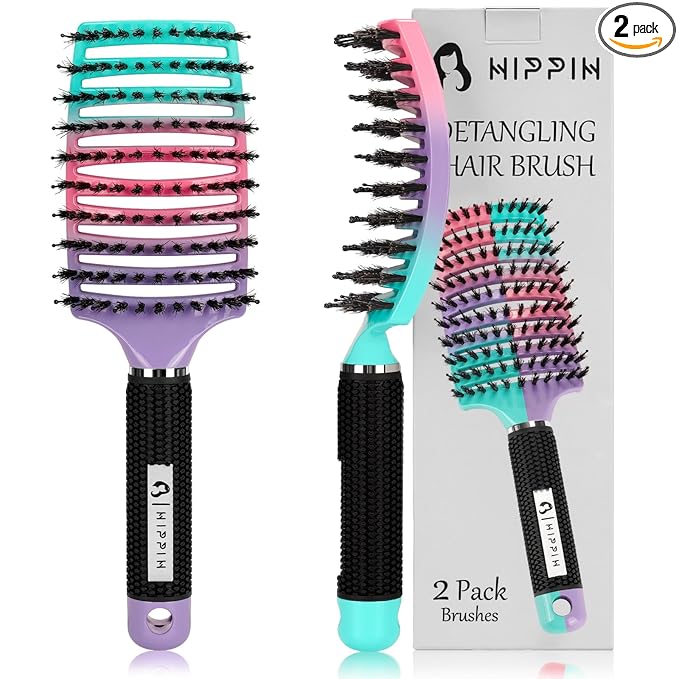Hair Brushes for Women 2 Pack, HIPPIH Detangler Hair brush for Adult & Kids’ Wet or Dry Hair, Boar Bristle Hair Brush Getting Knots Out without Pain Adds Shine and Makes Hair Smooth