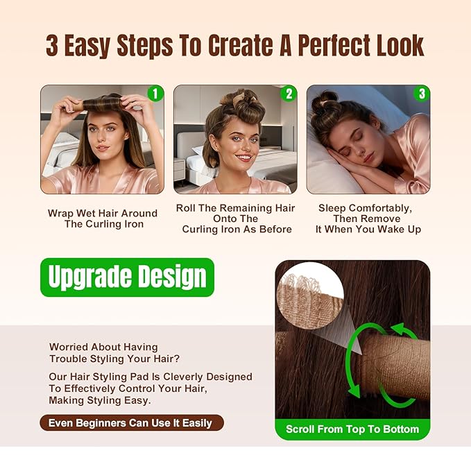 Overnight Heatless Hair Curler, Upgraded with Hair Pad Grippers Satin Jumbo Flexi Blowout Curls Rods, 3pcs No-Heat Styling Tools Curling Rod to Sleep in for All Hair Types - Khaki