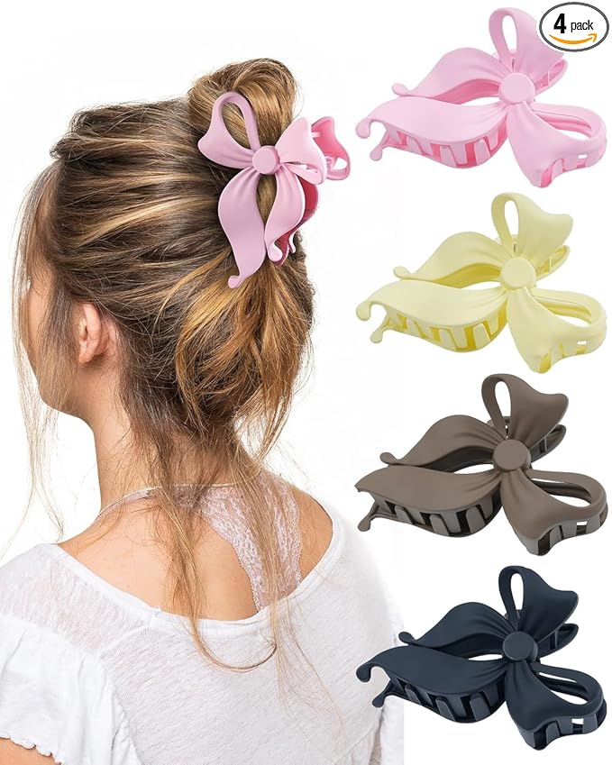 4 PCS Bow Hair Clips Bow Claw Clip for Women, Large Hair Claw Clips for Thin Thick Long Hair Cute Nonslip Bows (Black+Light Brown+Off-White+Light Pink)