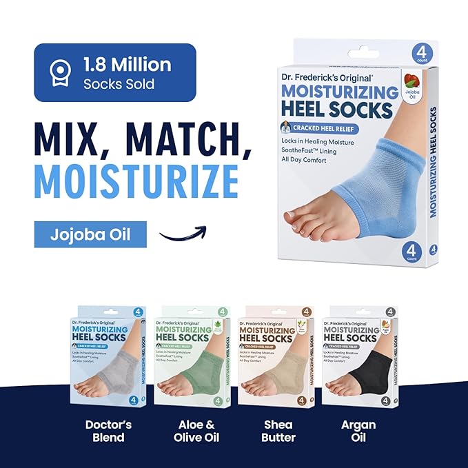 Dr. Frederick's Original Moisturizing Heel Socks for Dry Cracked Heels Treatment - Infused with Olive Oil, Jojoba Oil and Vitamin E - 2 Pairs - Self Care Gifts for Women & Men - Blue Jojoba