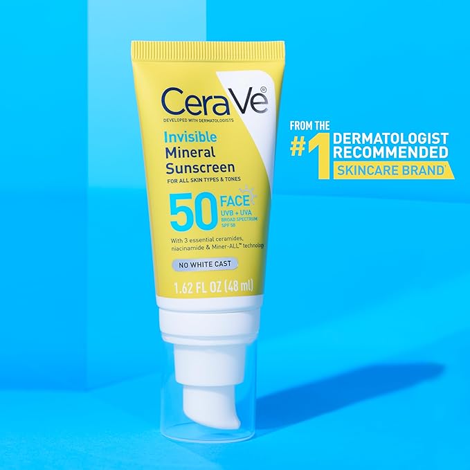 CeraVe Invisible Mineral Sunscreen SPF 50, Face Sunscreen for Sensitive Skin With Zinc Oxide & Titanium Dioxide, Vitamin E + Niacinamide + Ceramides, Oil Free, Travel Size 1.62 oz