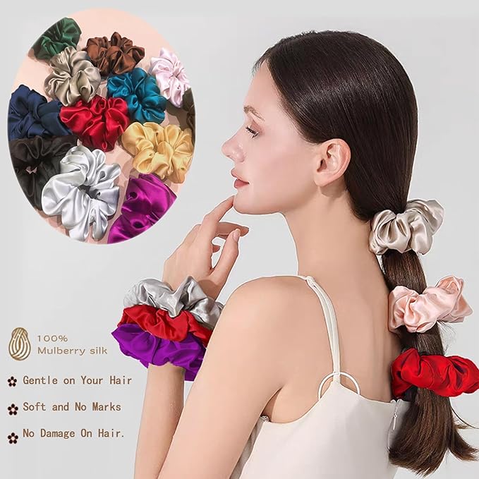 SALE 100% Pure Mulberry Silk Hair Scrunchies16 Momme silk scrunchies 100% Silk Hair Scrunchies Silk Hair Ties for Women Girls Curly Thick Thin Hair Women's Black Satin Sleep (2, 04 red & purple)