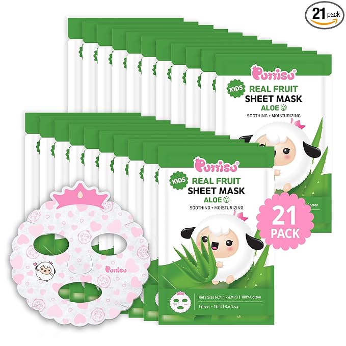 Puttisu Real Fruit Facial Mask Sheet for Kids, Children - Made with 100% Cotton, Moisturize, Sooths and Hydrates Skin (Aloe - Pack of 21)