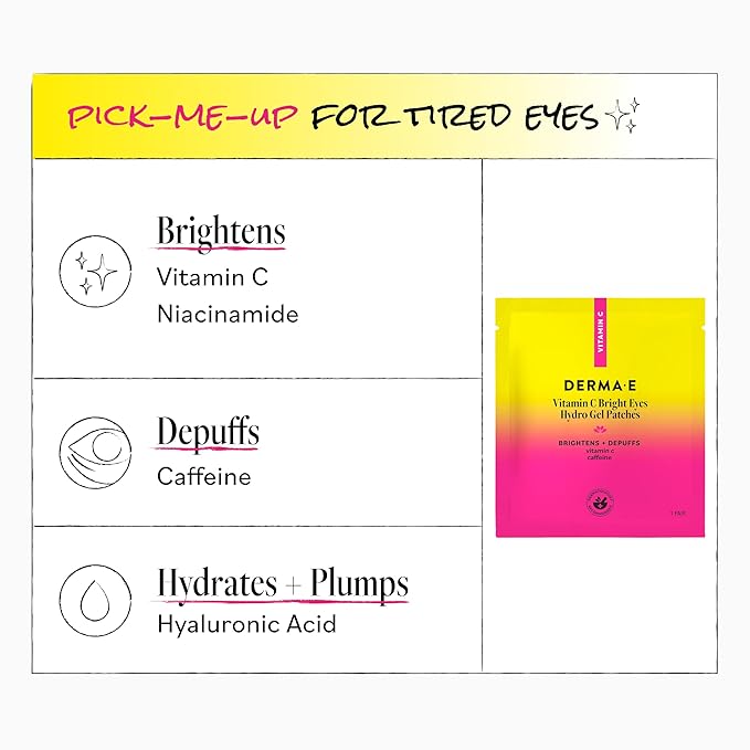 Derma E Vitamin C Bright Eyes Hydro Gel Under Eye Patches for Dark Circles (10 Ct, 5 Pairs) Allantoin, Caffeine & Vitamin B3, Eye Patches for Fine Lines, Wrinkles, Dark Circles & Puffy Eyes