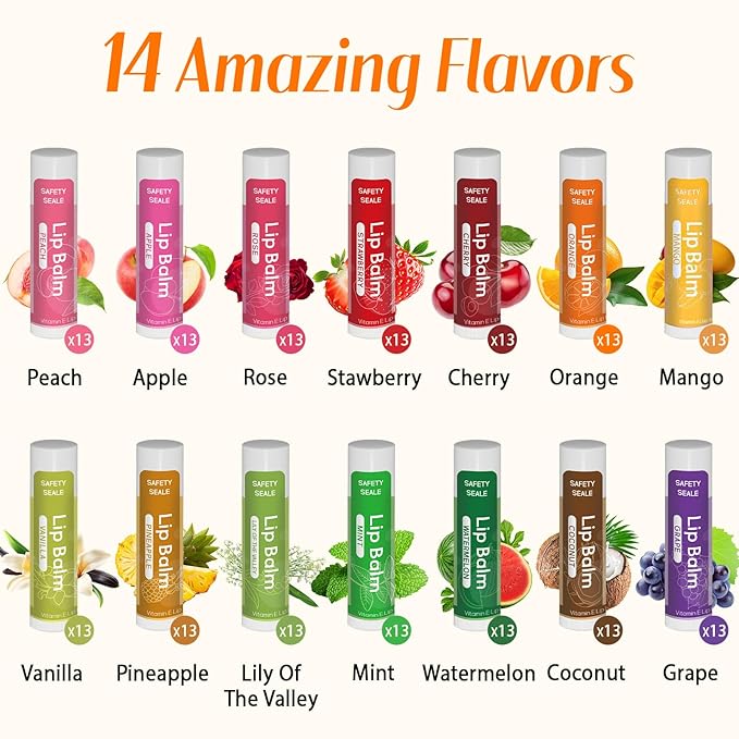 182 Pack Lip Balm Bulk, Natural Lips Balm with Vitamin E and Coconut Oil, Moisturizing Hydrating Soothing Dry Chapped Lips, Lip Moisturizer for Women Men,Holiday Party Favors Bulk Gift - 14 Flavors