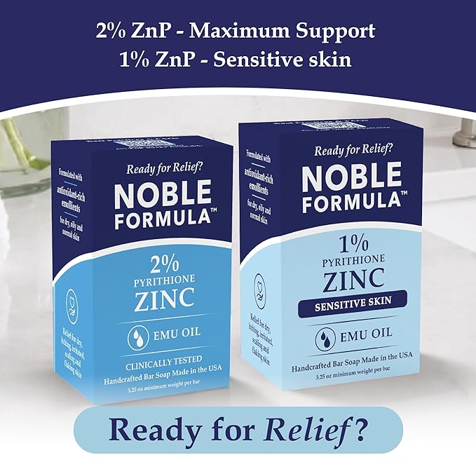 Noble Formula 1% Pyrithione Zinc Soap Bar with Emu Oil – Face, Body and Scalp Gentle Cleanser for Dry, Flaky and Itchy Skin, Sensitive Skin Formula, No Palm Oil, Handmade in the USA – 3.25 oz