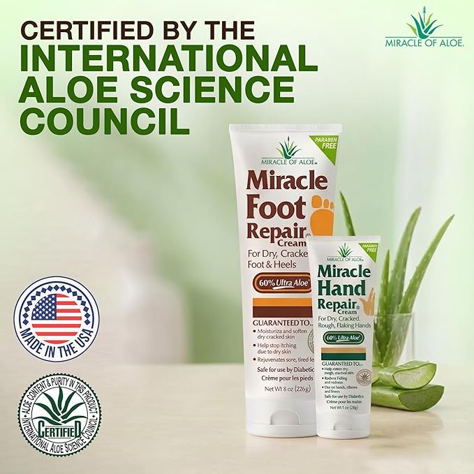 Miracle Foot Repair Cream, 8 oz + 1 oz Miracle Hand Repair, Healing Aloe Vera Lotions for Dry, Cracked Hands and Feet (8 oz Foot Cream + 1 oz Hand Cream)