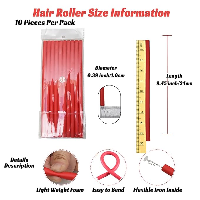 60PCS 9.45" x 0.39" Diameter Small Foam Hair Curlers,Heatless Flexible Curling rod for Short,Medium and Long Hair(0.39 x 9.45 Inch, Red)