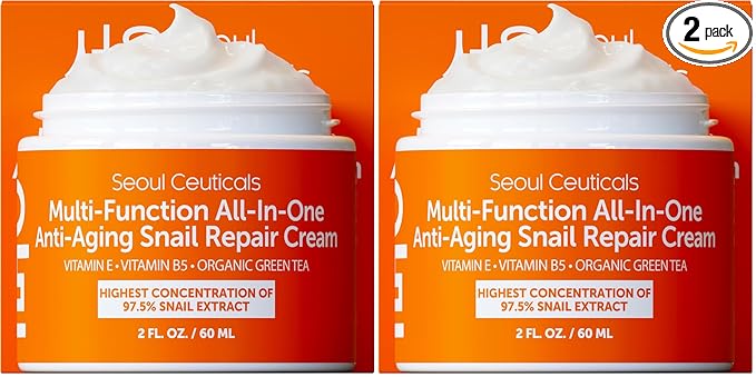 SeoulCeuticals Snail Mucin Moisturizer 97.5% - Korean Skin Care Snail Repair Cream - Day & Night Anti Aging K Beauty Skincare Cruelty Free 2oz (Pack of 2)