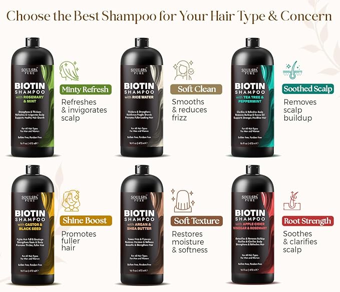 SOULSPA PURE Biotin Rosemary Shampoo and Conditioner Set - Sulfate Free Scalp Care & Hair Strengthening for Thinning, Color-Treated Hair - Rosemary Oil for Men & Women - Made in USA - 16 fl oz Each