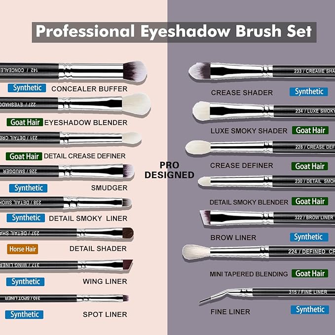 Bueart Design 15Pcs Pro Natural Hair Eyeshadow Makeup Brush Set kits for powder cream liquid eyeshadow blending, Luxury Professional Goat and Pony Hair Bristles Precision eyeshadow brushes