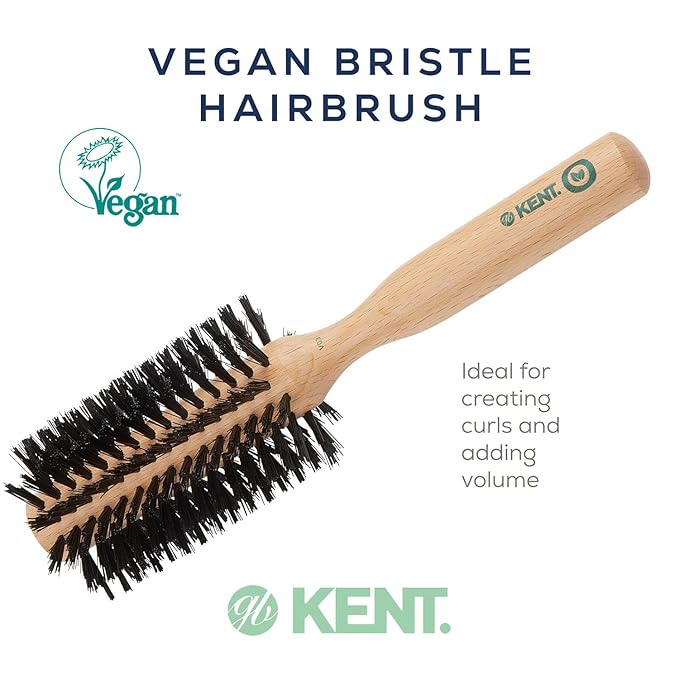 Kent V03 Vegan Boar Bristle Hair Brush, Eco-Friendly 60mm Round Brush with Cruelty-Free Bristles for Blowouts, Volume, Root Lift, Curls, All Hair Types, Wooden Handle, Travel Size, Made in England