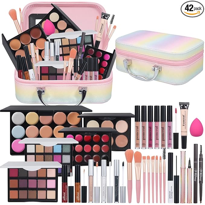 Pomcral All In On Makeup Kit Makeup Set For Teens, Women, Girl and Beginners Includes Eyeshadow Concealer Palette Lip Gloss Set Lipstick Eye Pencil Makeup Brushes