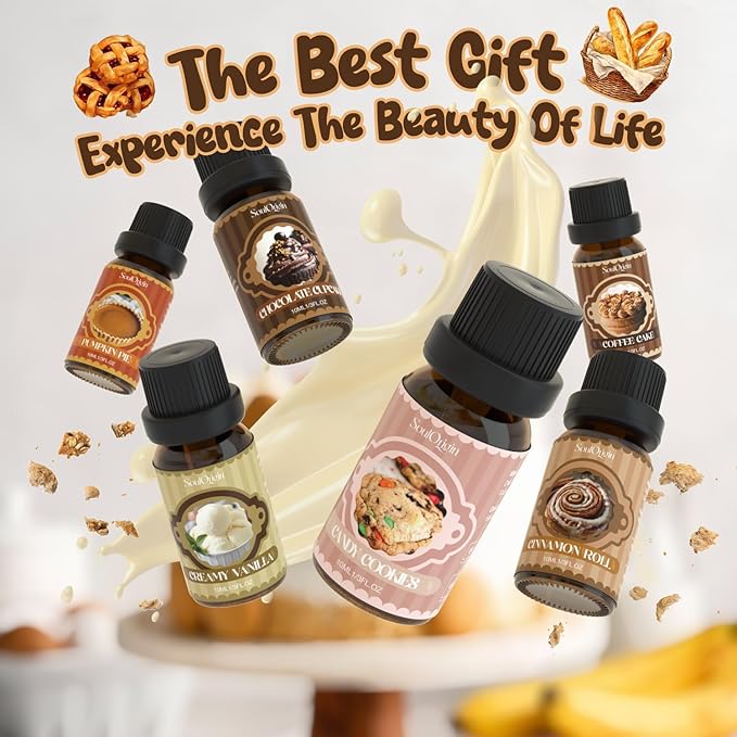Soulorigin Bakery Essential Oils Set, Fragrance Oil Set for Diffuser, Scent Diffuser Oil for Candle Making- Chocolate Cookies, Creamy Vanilla, Coffee Cake, Pumpkin Pie, Candy Cookies, Cinnamon Rolls