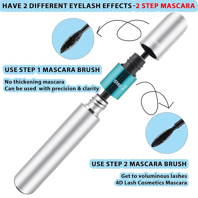 2 Pack 2 in 1 QIC 5x Longer Washable Black Mascara, 4D Silk Fiber Lash 2 Step, No Clumping, Long-lasting Waterproof Lash Cosmetics Beauty Eye Makeup