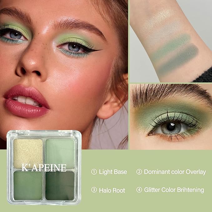 K'APEINE Eyeshadow Palette,Light Green Eye Shadow Matte Glitter Makeup Palette 4 Colors Sage & Olive Eye Makeup Shades Mini High Pigmented Long-lasting for Woman Girls Party,Music Festival, Stage
