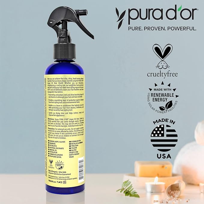 PURA D'OR 8 Oz Argan Oil Heat Shield Protectant Spray with Select Organic Ingredients,Protects Up To 450º F From Flat Iron & Hot Blow Dry,Leave-In,Define & Shine Dry-& Damaged Hair,(Pack of 2)