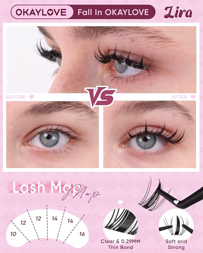OKAYLOVE Manga Lash Clusters with Spikes, LIRA 8-18mm DIY Cluster Eyelash Extensions, 140pcs CC Curl Clear Band Individual Lashes