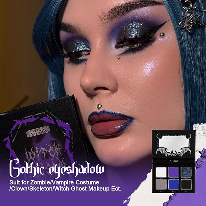 Black Blue Purple Eyeshadow Goth Makeup Palette, Matte Shimmer Dark Smoky Eyeshadow Pallet with Mirror, High Pigment White Grey Multichrome Eye Shadow for Halloween Party Witch Costume Zombie Vampire