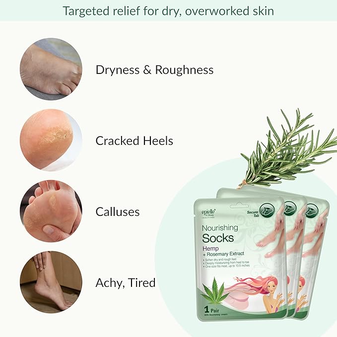 Epielle Nourishing Foot Mask 6 Pairs, Repair and Soften with Hemp & Rosemary Extract, Deep Moisturizing Socks for Dry, Cracked Feet, Self Care Gifts for Women, Spa Kit, Mothers Day Gifts