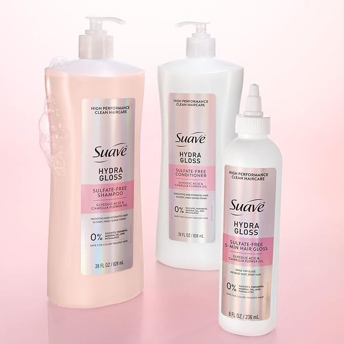 Suave Hydra Gloss Sulfate Free Conditioner with Glycolic Acid & Camellia Flower Oil for Hydrated, Smooth, Glossy Shine, 4 Count, 28 FL OZ