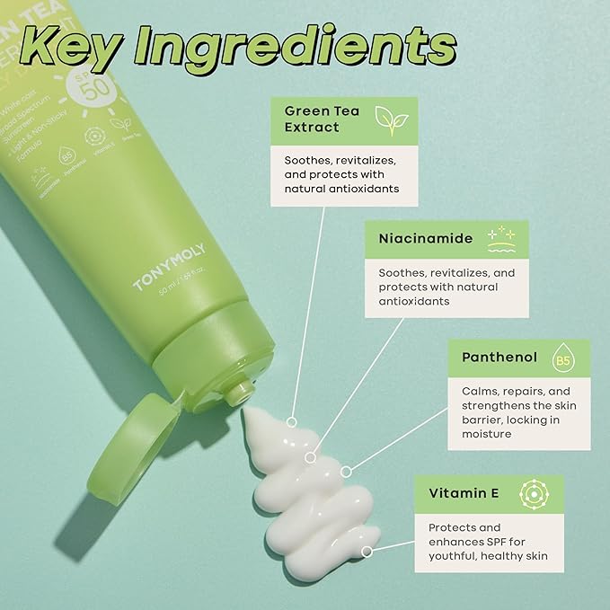 TONYMOLY Green Tea Korean Sunscreen SPF 50+ PA++++ — No White Cast, Lightweight Face Sunscreen for All Skin Tones, Hydrating with Niacinamide, Panthenol & Hyaluronic Acid, 1.69 fl oz