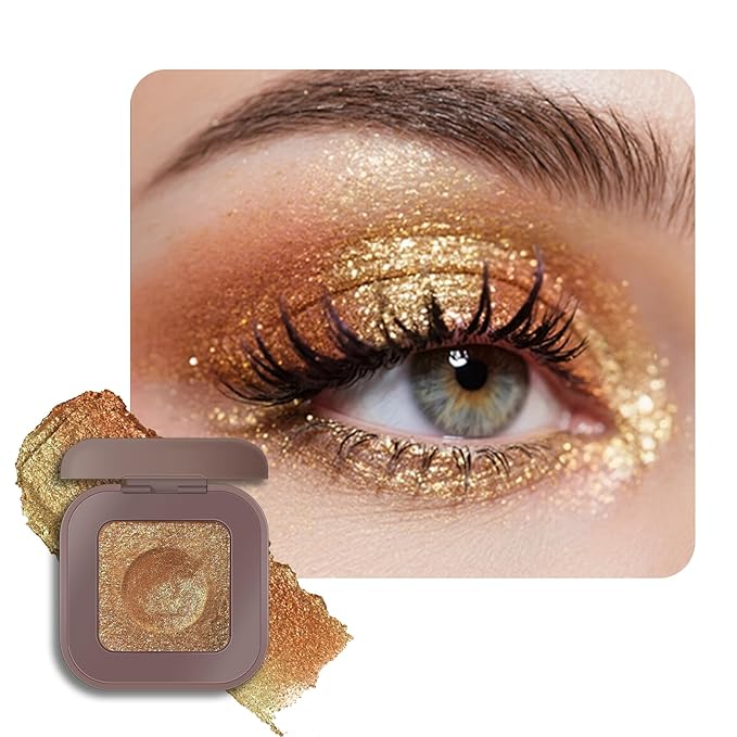KYDA Chameleon Metallic Eyeshadow, Chrome Shimmer Eye Shadow Makeup, Smooth Pressed Powder Palette with Mirror, High Pigment Soft Eyeshadow, Lasting Glitter Eye Look, 12 Bronzer Gold