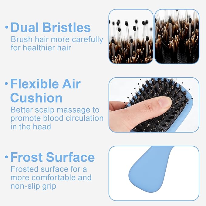 Mini Boar Bristles Hair Bursh, Travel Size Hair Brush for Women Men Kids, Protable Small Hair Brush for Pockets Purses, Mini Detangler Brush for Smooth Add Shine(Blue)