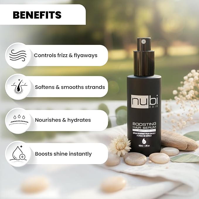 Nubi Serum for Damaged Hair, Marula Repair Serum with Aloe, Vitamin E, Hydrates and Smooths Hair, Frizz Control Product for Women and Men, 2 Fl. Oz. / 60 Ml., 1 Count