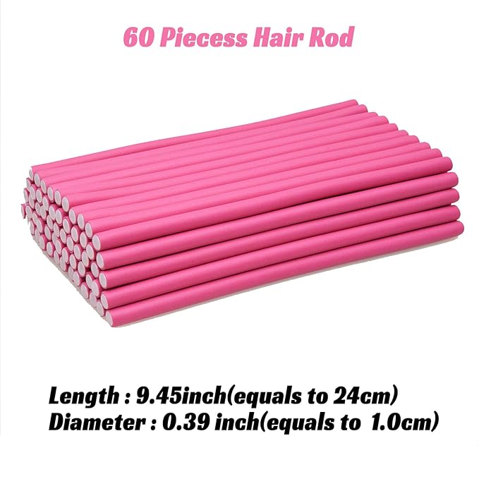 60PCS 9.45" x 0.39" Diameter Small Foam Hair Curlers,Heatless Flexible Curling rod for Short,Medium and Long Hair (0.39 x 9.45 Inch, Pink)