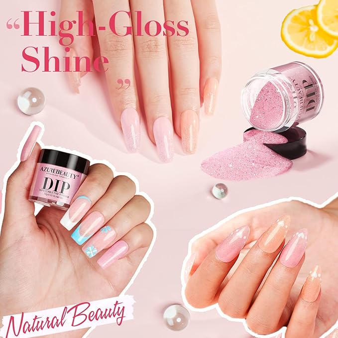 AZUREBEAUTY Dip Powder Nail Kit, 6 Colors Jelly Pink Transparent Nude Hot Pink Peach Dip Dipping Powder Starter Set, French Nail Art Manicure DIY Salon, No Need Nail Lamp Cured Mother's Day Gift