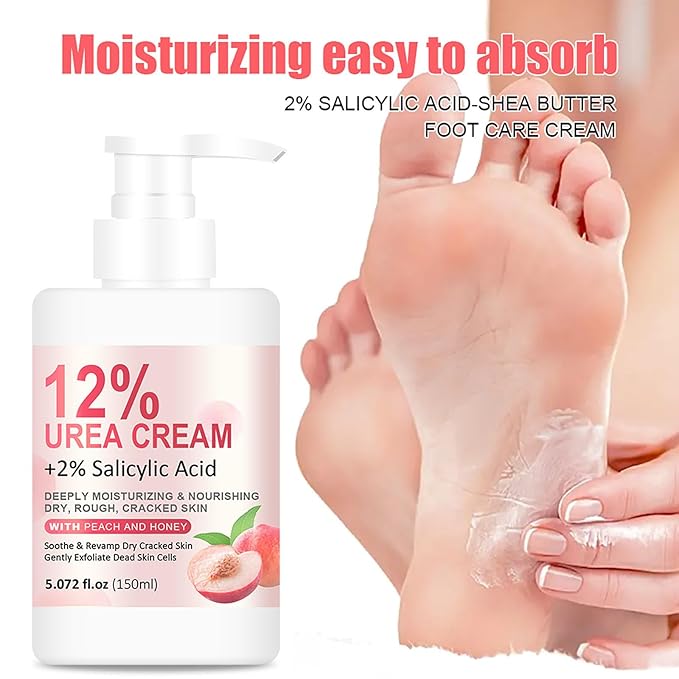 Grospe 12% Urea Hydrating and Anti-Cracking Foot Moisturizer Cream, Peach Hand and Foot Cream with Honey Hydrates and Repairs Dry Cracked Heels and Feet Women or Men 5.07oz