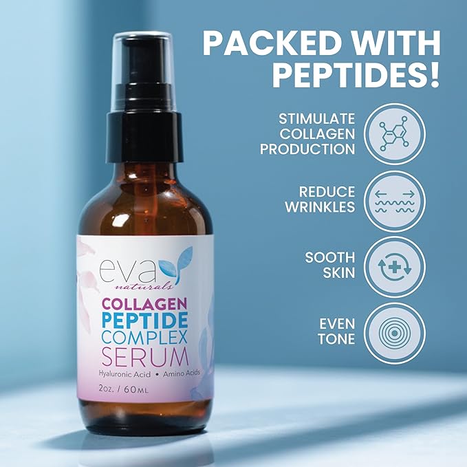 Collagen Serum for Face by Eva Naturals - Anti Aging Multi Peptide Face Serum with Hyaluronic Acid - Firming Hydrating Wrinkle Reducer Peptide Serum for Women & Men - Fragrance Free 2 oz