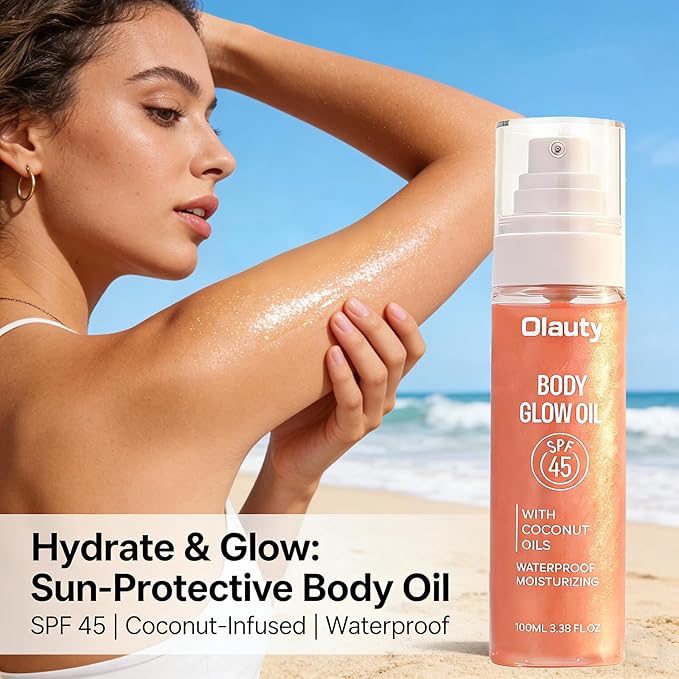 Body Glow Oil,Broad Spectrum SPF 45,Glitter Shimmer Mineral Sunscreen Body Oil with Sequin Mica,Moisturizing Coconut Oils,Waterproof Non Sticky Sun-kissed Skin Illuminator Travel Essentials (#02 Rose)