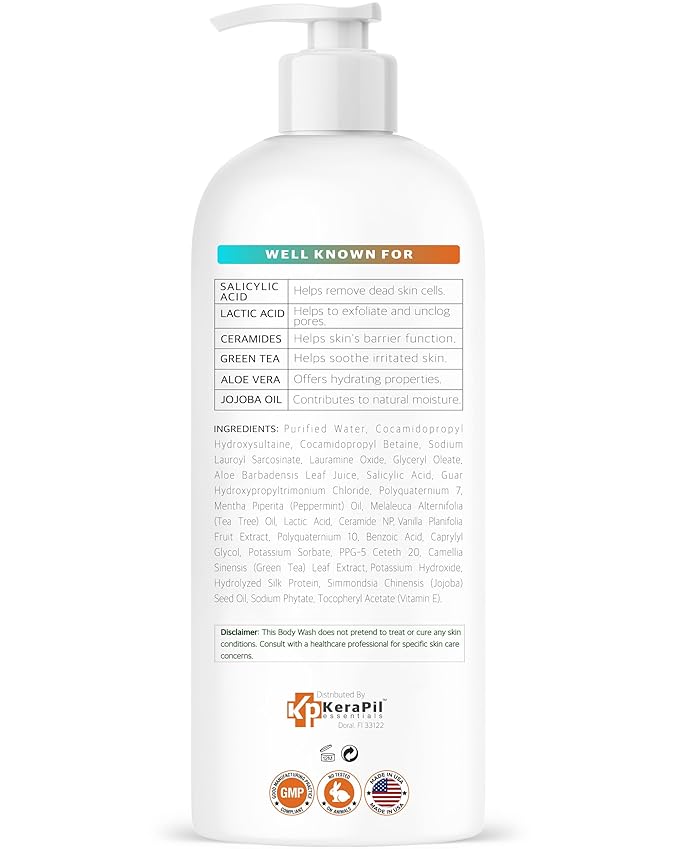KERAPIL Exfoliating Body Wash With Salicylic Acid - Gentle Exfoliates Rough and Bumpy Skin, KP and Acne, with BHA & AHA - Unscented Body Wash, Made in USA - (16 fl oz)