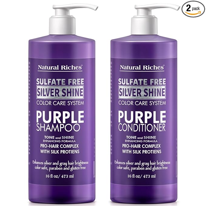 Natural Riches Radiant Silver Shine Purple Shampoo and Conditioner Set for Gray Hair - Paraben-Free and Color Safe – With Silk Proteins, Tones Dull Hair, Softens & Adds Shine - 16 fl oz
