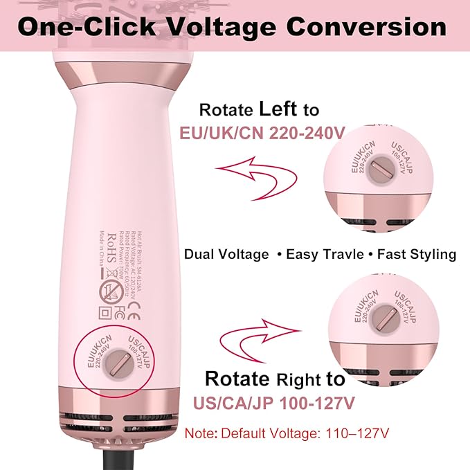 Travel Dual Voltage Hot Air Brush | 4 in 1 MIni Hair Dryer Brushes | 2 Inch Blow Dryer Brush with Storage Bag Global Adapter | One Step Volumizer Small Hair Dryer and Styler for All Hair Types
