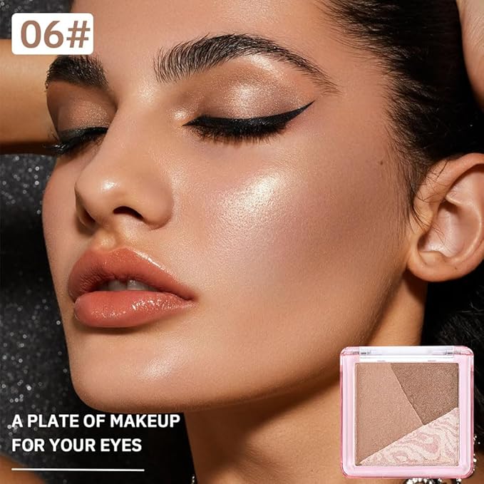 Mini Brown Champagne Baked Eyeshadow Palette,3 Shade Soft Shimmer Eye Shadow, Natural Radiant Glow Makeup, Smooth Blendable&Buildable, No Fallout, Long-Lasting Daily Look, Paleta de Sombras de Ojos 06
