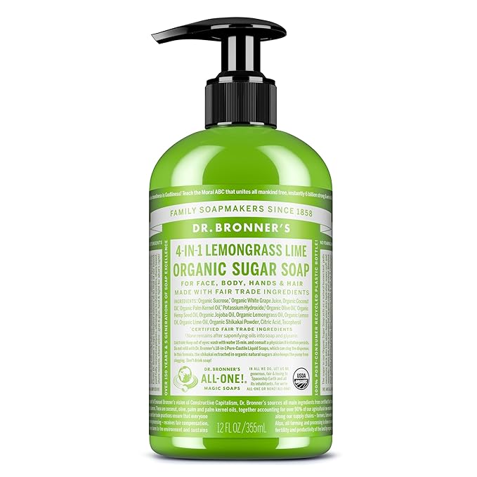 Dr. Bronner's Organic Sugar Soap (Lemongrass, 12 Ounce) - Made with Regenerative Certified Organic Oils, Sugar & Shikakai Powder, 4-in-1 Use: Hands, Body, Face and Hair- Liquid Soap, Nourishes
