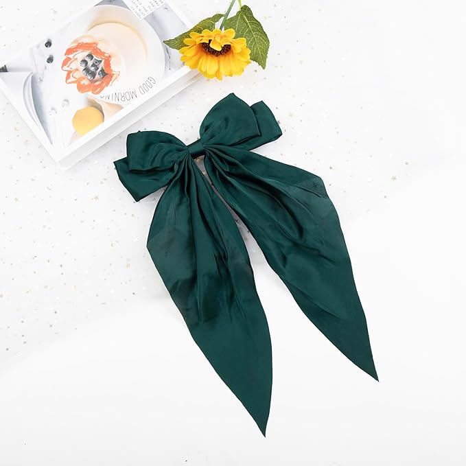 Silky Satin Oversized Long-tail Bow Clip, Large green Hair Bow for Women Girl, Hair Accessories with Long Tail, 1Pcs